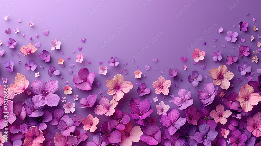 Flower petals in a romantic composition on a purple background with space for text. Copy space Flower petals in a romantic composition on a purple background with space for text. Copy space