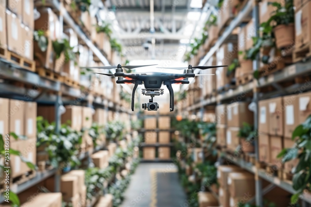 Drone flying inside modern warehouse - A drone equipped with a camera hovers in a warehouse aisle surrounded by storage shelves