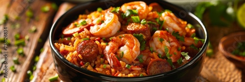 Delicious shrimp jambalaya in a bowl - The image displays a mouth-watering bowl of shrimp jambalaya, a vibrant, spiced Cajun dish packed with flavor photo