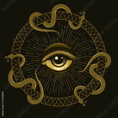 All Seeing Eye and Snakes Emblem isolated on Black Background