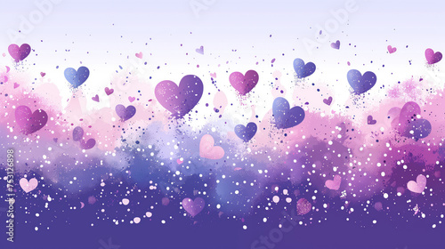Purple gradient background strewn with hearts in shades of pink and lilac.