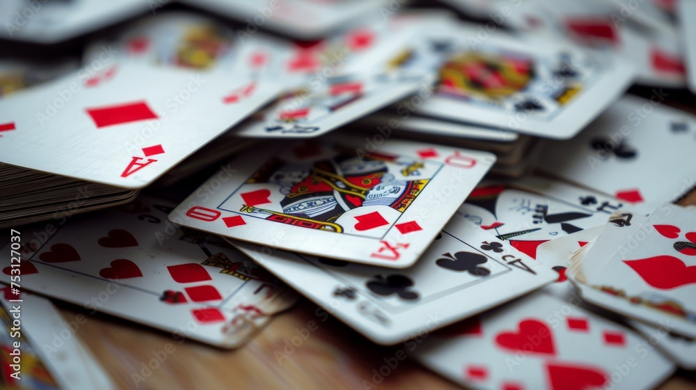 Deck of playing card, each representing a fundamental principle. Some stacked, some lying on the table. Deck of playing card, each representing a fundamental principle. Some stacked, some lying on the table.