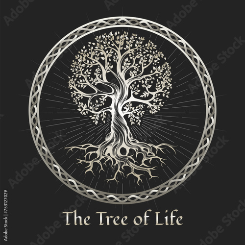 The Tree of Life in a Circle Frame Esoteric Emblem on Black Background