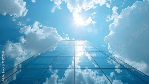 Glass skyscraper reaching towards a cloudy sky - A view from the ground up of a modern glass skyscraper with a reflection of the blue sky and white clouds
