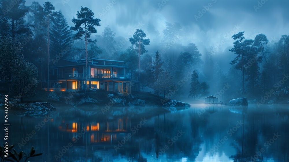 Modern Lake House in Misty Forest with Blue Background