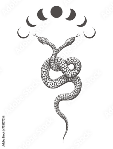 Two Headed Snake and Phases of Moon Esoteric Tattoo Isolated on White