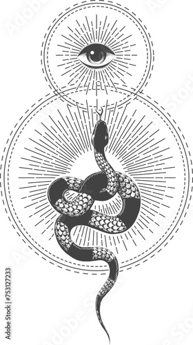 All seeing Eye of Providence and Snake of Wisdom Esoteric Illustration