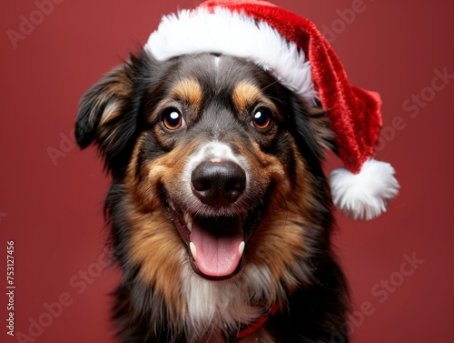 Happy Dog in Santa Hat on Red Background
