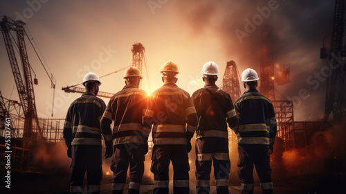 Group of construction workers in safety gear, including helmets and reflective vests, standing at a construction site, facing towards a sunrise or sunset © MP Studio