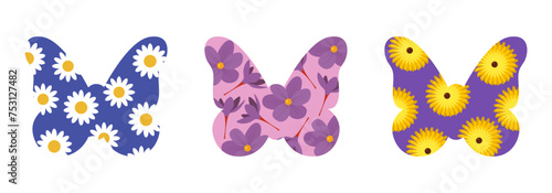 Set of butterfly shape with flowers inside. Beautiful floral collage with daisies, crocus, aster design elements. Retro illustration for cards, posters, stickers, icon. Vector