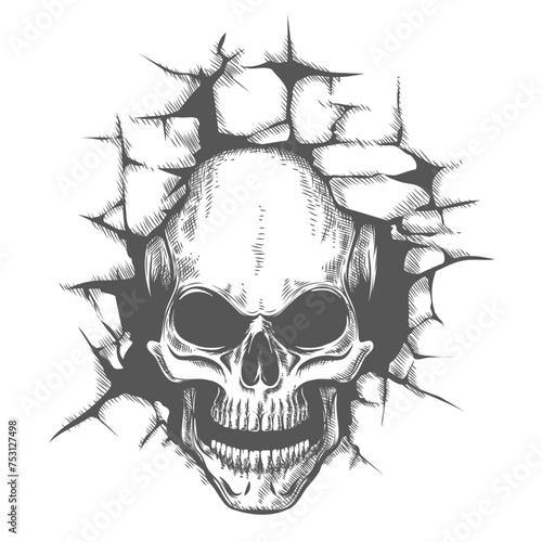 Skull Looking Through a Hole in a Wall Tattoo