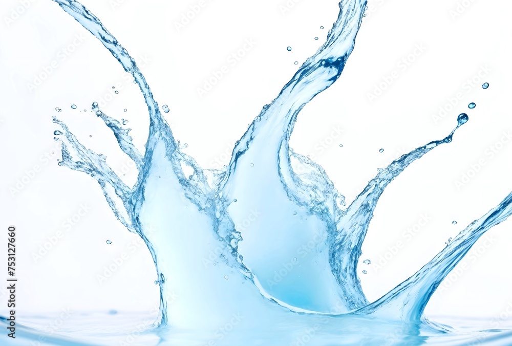 Blue water splash isolated on white background for drink advertising, Splashing of fresh clean water close up macro. Cold iced watery natural water from nature source.