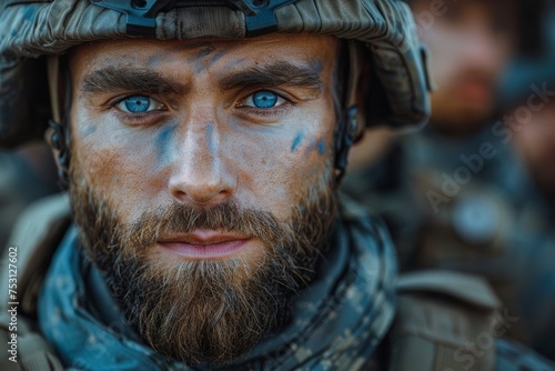 Piercing blue eyes of a bearded soldier with battle face paint