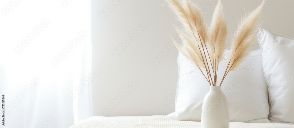 Minimalist Decor in a White Bedroom with Pampas Grass in a Vase Minimalist Decor in a White Bedroom with Pampas Grass in a Vase