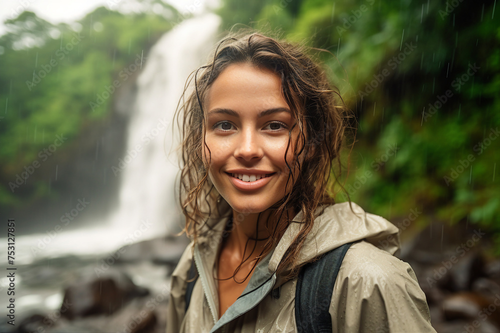 Generated with AI portrait of cheerful girl traveling in tropical forest Generated with AI portrait of cheerful girl traveling in tropical forest