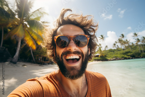 Cheerful handsome man on summer vacation enjoying tropical resort generative AI