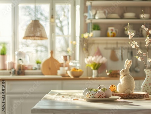 Festive decoration of the easter kitchen and table. Free copy space.