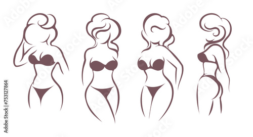 Female Body Stilyzed Silhouette in Lingerie Monochrome Emblem Set