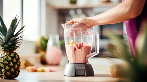 Person using a blender to make a smoothie with fresh fruits like pineapple and mango, suggesting a focus on health and nutrition. photo