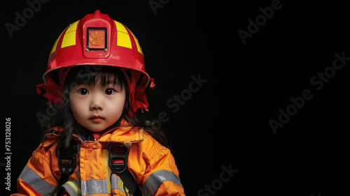 a studio portrait picture of little asian girl dressed up as a firefighter isolated on black background
