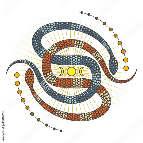 Two Snakes of Duality and Moon Astrological Esoteric Colored Emblem