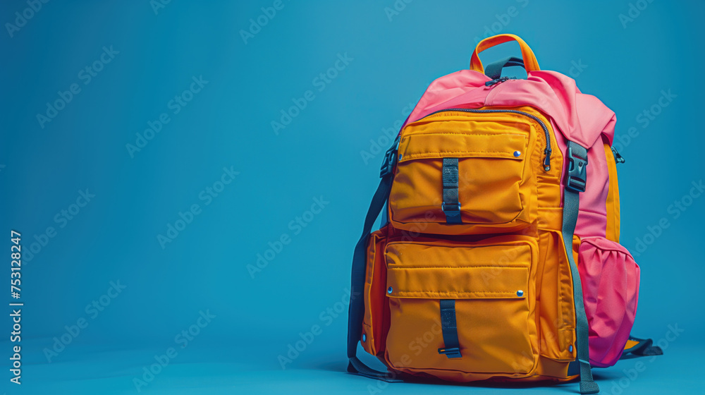 Yellow backpack on a blue background with space for text. Copy space Yellow backpack on a blue background with space for text. Copy space