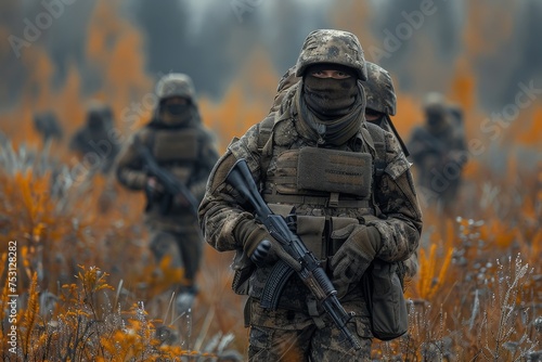 A squad of soldiers in Autumn camouflage in a field  focusing on their military engagement