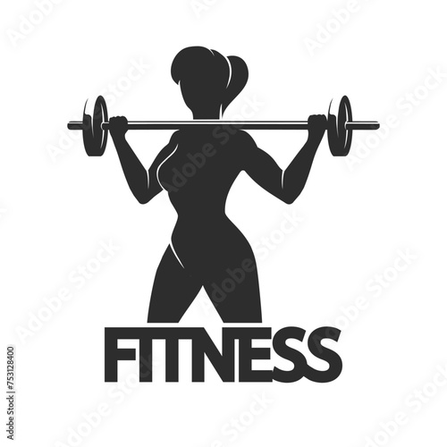 Fitness Club Emblem with Woman Holds Barbell