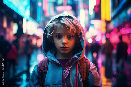Designed with generative ai picture of happy cheerful child in a futuristic modern neon space city