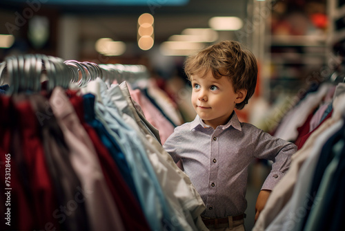 Picture of small cute stylish child choose clothes in boutique made with generative ai concept