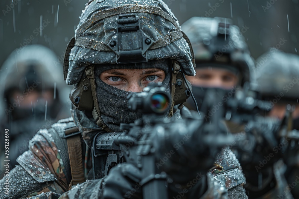 An in-depth depiction of a soldier braving the rain, equipped with wet weather gear in a challenging environment
