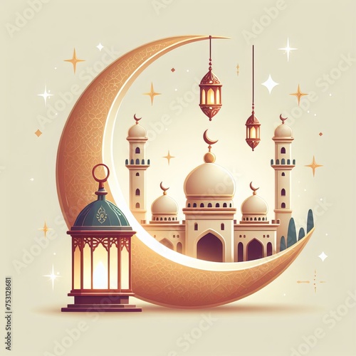 Eid mubarak with a crescent moon mosque and lantern on a light background, 3d modern Islamic holiday banner