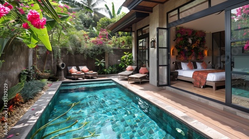 private pool with flowers and greenery around, Bali. 