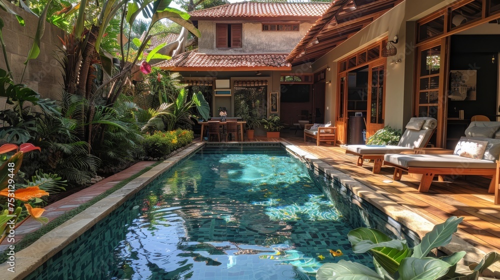 private pool with flowers and greenery around, Bali. 