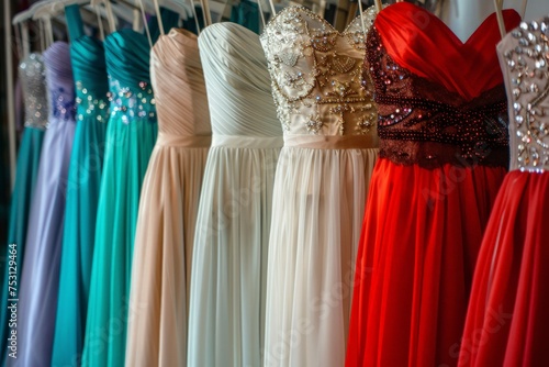 Row of elegant formal dresses including prom gowns, wedding dresses, and eveningwear hanging on rack in luxury modern shop boutique.