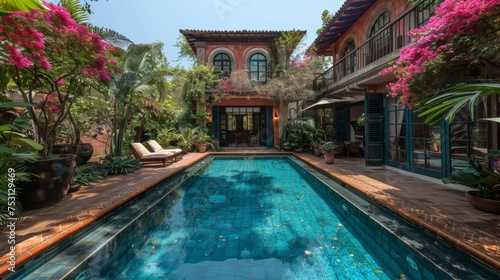 private pool with flowers and greenery around, Bali.  © nataliya_ua