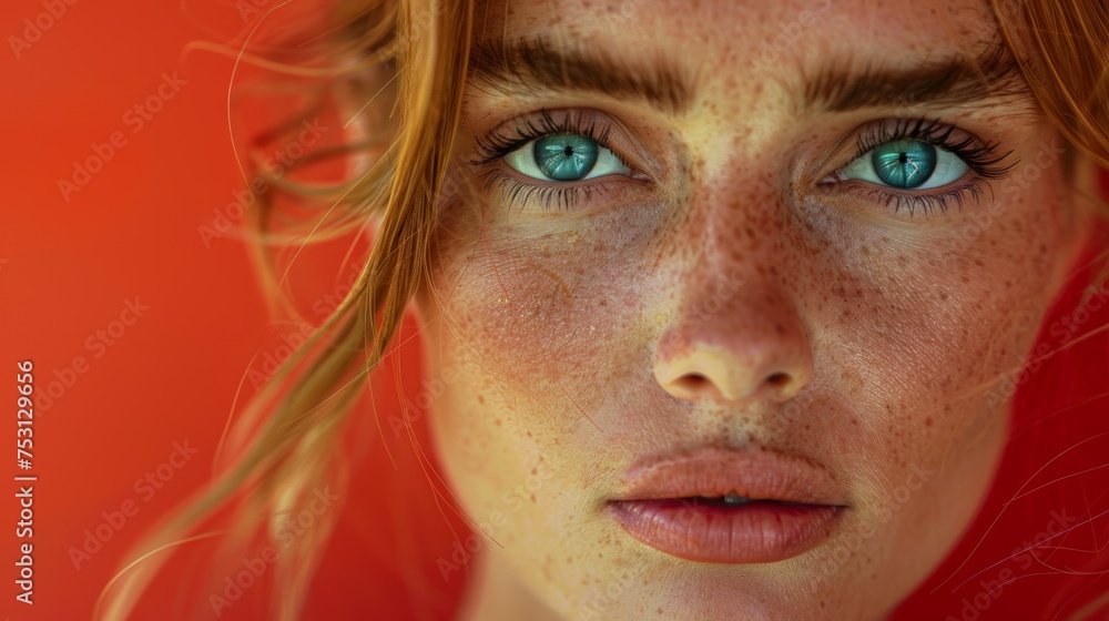 Close-up Portrait of Woman with Blue Eyes on Red Background Close-up Portrait of Woman with Blue Eyes on Red Background