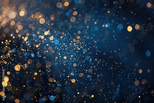An abstract background featuring dark blue and golden particles. Christmas golden light shines, bokeh effect
