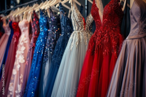 A line-up of elegant formal dresses, including prom gowns, wedding attire, evening wear, and bridesmaid dresses, displayed on a rack in a luxury modern boutique. © pham