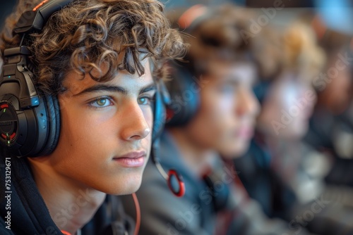 Close-up of a young male gamer with striking blue eyes wearing gaming headphones in an indoor setting