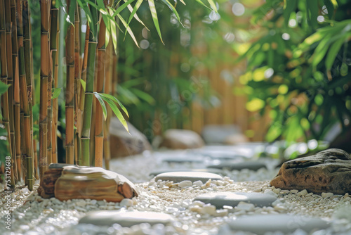 The art of Zen garden  close-up of bamboo within a serene Japanese garden  complemented by rocks and white sand