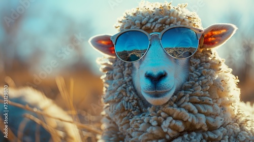 Sheep Wearing Sunglasses with Blue Background
