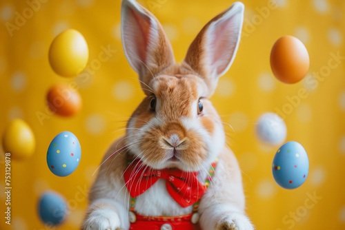 Close-up of a cute Easter bunny in clown costume, expertly juggling Easter eggs