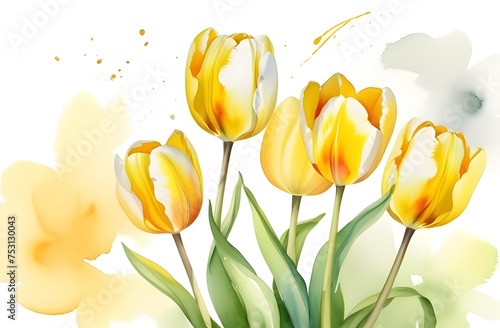 A vibrant watercolor illustration of yellow and white tulips with splashes of paint, depicting a fresh bouquet with a lively, springtime feel.