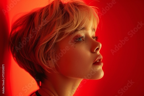 Blonde Woman with Pixie Hair on Red Background