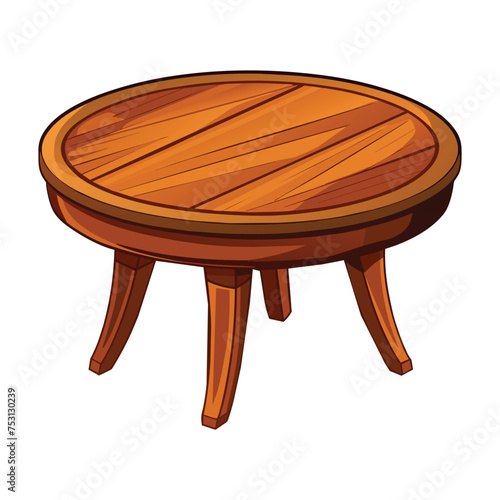 Round Wooden Desk Illustration in Comic Style on White Background