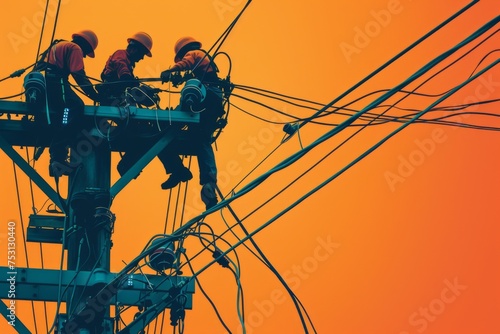 Linemen repairing power lines against a sunset sky - A silhouette of linemen working on electrical power lines against an orange sunset sky, illustrating teamwork and infrastructure maintenance photo