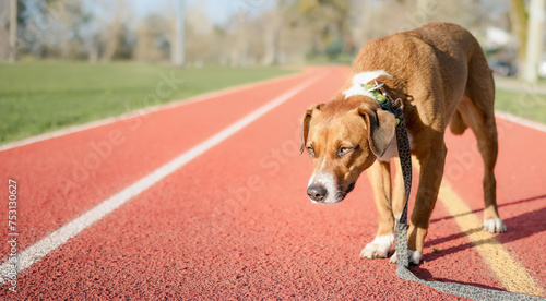 Canvastavla Reactive dog with intense body language looking at something