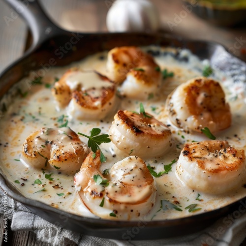 Pan-seared scallops in creamy sauce - Perfectly seared scallops in a creamy garlic sauce, garnished with parsley in a cast iron pan, an elegant seafood dish
