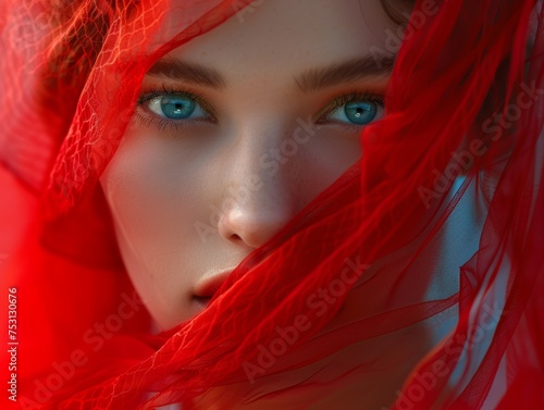 Woman Portrait Under Flowing Red Veil Blue Background